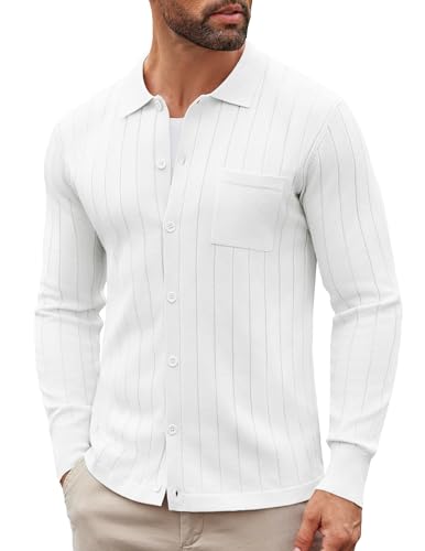 COOFANDY Men's Casual Knit Polo Shirts Long Sleeve Button Down Sweater Polo Ribbed Cardigan Sweater with Pocket