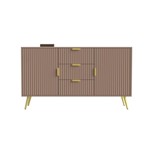 Image of Wooden Sideboard Cabinet for Living Room with 3 Drawers & 2 Doors Storage for Dining, Drawing and Home Office | HDMR Premium Wood & Iron | 58 x 15.74 x 30.70 Inch | Taupe & Golden
