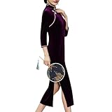 Vestidos Chinos De Terciopelo para Mujer Cheongsam Largo Cuello Mandarín Corte Entallado Manga 3/4 Ceñido Al Cuerpo Color Liso Vestidos Qipao De Terciopelo con Abertura Lateral Sexy Noche Morado M