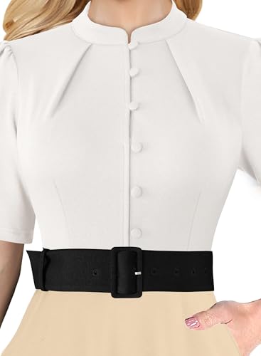 Image of VFSHOW Womens 2024 Business Work Office Pockets Belted Buttons Elegant Fit and Flare A-Line Dress
