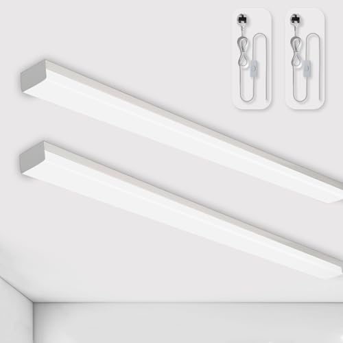 BrightFly Full-Screen LED Batten Light 4FT, Linkable Plug in Ceiling Light, 33W 3610lm 3000K/4200K/6500K Selectable, LED Strip for Garage Office Living Room Kitchen Shed (White, 2-Pack)