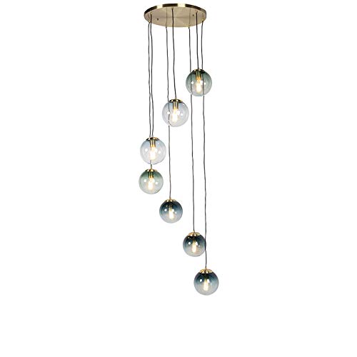 Qazqa - Art Deco Dining Room I Dining Table Pendant Lamp I Pendant Light Ceiling Brass with 7 Ocean Blue and Green Shades - Pallon- - Art Deco - Suitable for LED E27 | 7 Light - Glass Pendant Light