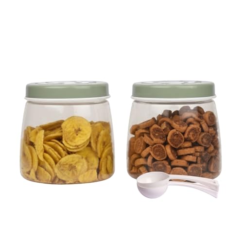 FLAIR Cubics Airtight Food Storage Containers Set of 2 (1000ml each) with Spoon - Green, BPA-Free, PET Plastic Jars, Space-Saving for Pantry, Snacks