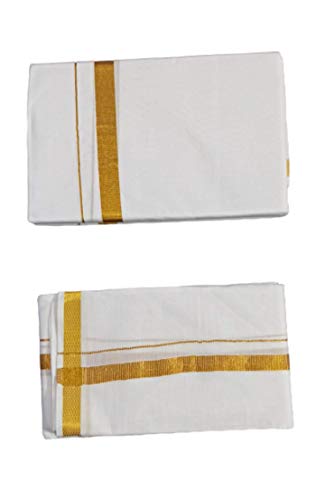 SMT Men's Traditional Cotton Single Dhoti Lunge with Big Gold Border.Plus 1 Angvastram Towel 1.80 Meters Length.(White, Free Size ).Set.A1