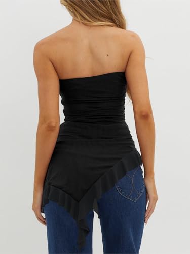 Imily Bela Womens Asymmetrical Tube Top Strapless Ruffle Hem Slim Fitted Shirts Y2K Going Out Tops4