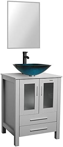 U-Eway 24 Grey Bathroom Vanity,Tempered Glass Vessel Sink Combo,Style Sink,1.5 GPM Faucet Oil Rubbed Bronze,Bathroom Vanity Top with Sink Bowl,20 inch Deep, 30% Water Saving Faucet (B02GA10)
