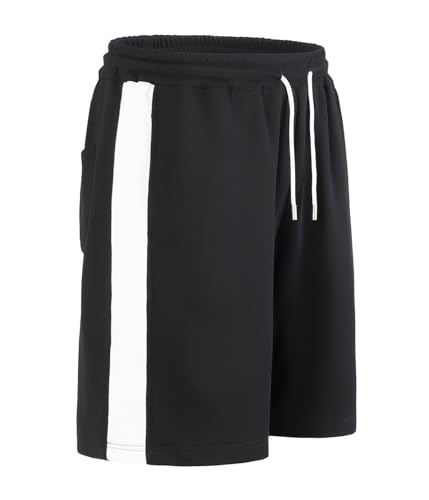 Sungerdasa Men's Casual Sweat Shorts Heavy Cotton Athletic Stripe Fleece Shorts Drawstring Summer Basketball Sweatpants Black