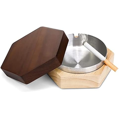 Tokokimo Ashtray, Ash Tray with Lid, Stainless Steel Removable Inner Liner, for Indoor Home Office Restaurant Bar Hotel, Outdoor Patio Use, Wooden, Hexagonal(5 in) Cover