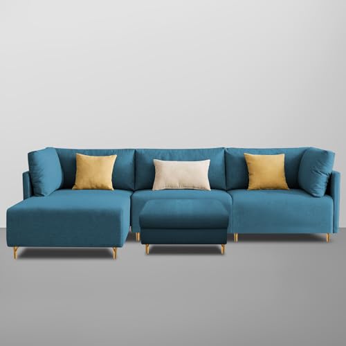 Image of Carina LHS 4 Seater L Shape Sofa Set with Center Table for Living Room (Turquise Fabric) Premium Fabric Sofa