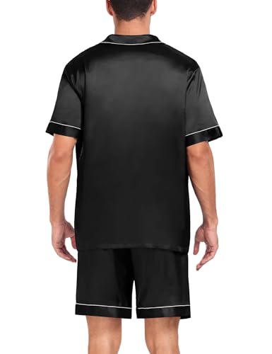 Image of SWOMOG Men Silk Pajama Set Short Sleeve Satin PJs Sets 2 Piece Button Down Sleepwear Soft Summer Loungewear with Pockets
