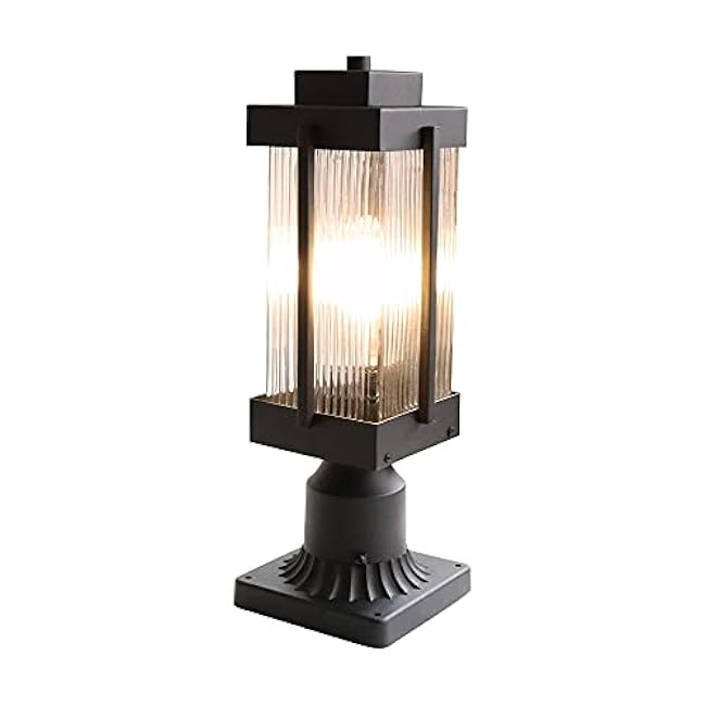 Monkfish Modern Black Outdoor Post Light, Waterproof Exterior Pillar Lamp with Square Base & Cyan Striped Glass Shade, E26 Socket, Weather Resistant Garden Path Light for Patio, Yard, Driveway