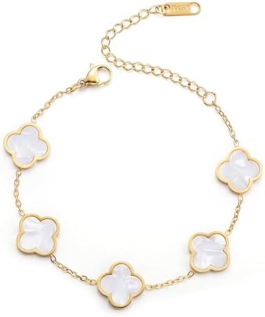 18K Gold Plated Clover Lucky Bracelet for Women White/Black/Red/Green Flower Four Leaf Link Bracelets Trendy Jewelry Gifts for Women (White)