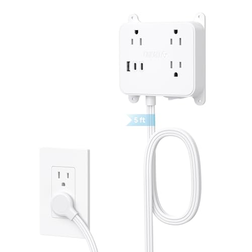TROND Flat Plug Power Strip, 5FT Ultra Thin Flat Extension Cord with 3 AC Outlets, Wall Mount USB...