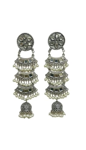 Traditional Oxidised Silver Mirror Work Jhumka Earrings with Pear...