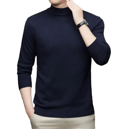 Men's Autumn Winter Half High Collar Solid Long Sleeved Sweater Casual Screw Thread Slim Knit Top Navy Blue