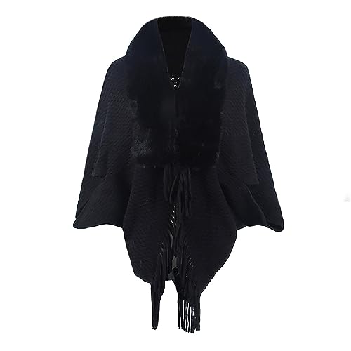 Women Faux Fur Collar Shawl Wraps Fringed Open Front Cardigan Cloak Coat Knitted Winter Warm Tassels Sweater Capes
