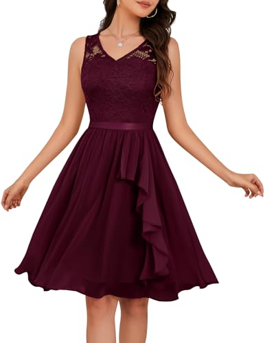 Meetjen Abendkleid Kurz Chiffonkleid Damen Elegant Knielang Spitzenkleid für Hochzeit Gast Cocktail Party Kleid Burgunderrot 2XL
