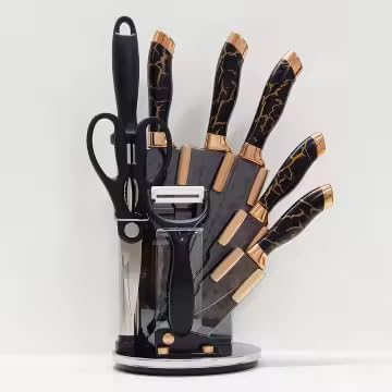 9pcs Set Kitchen Chef Bread Steak Knives Set Knife Block Set with Sharpener and Acrylic Base That Rotates