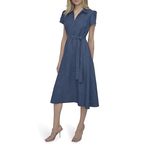 Image of DKNY Women's Short Sleeve Collared V-Neck Tie Waist Midi Dress