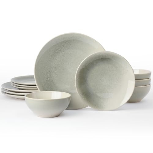 Famiware 12-Piece Dinnerware Sets, Plates and Bowls Set for 4, Stoneware Dish Set- Includes 4 Dinner Plates, 4 Salad Plates, 4 Cereal Bowls, Microwave & Dishwasher Safe, Glacier Series, Sage Green Famiware 12-Piece Dinnerware Sets, Plates and Bowls Set for 4, Stoneware Dish Set- Includes 4 Dinner Plates, 4 Salad Plates, 4 Cereal Bowls, Microwave & Dishwasher Safe, Glacier Series, Sage Green