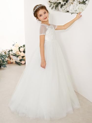 MCieloLuna 2025 Girls Princess Dresses Lace Tulle Flower Girl First Communion Dress Short Sleeve Wedding Pageant Gown3