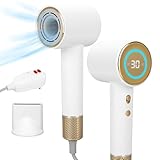 Hair Dryer,110000 RPM High-Speed Brushless Motor,GFCI Safety Plug-for high Humidity,Negative Ionic Fast Drying, Low Noise,Thermo-Control Hair-Dryer-with-LED Display and Nozzle (White)