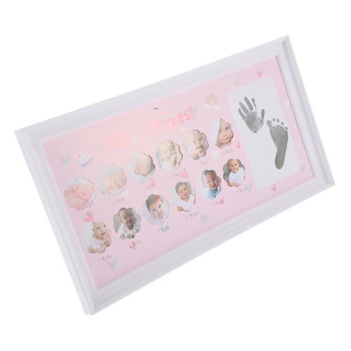 EXAOMBLE marco de fotos de crecimiento kit de adornos para bebés kit manos y huellas decoraciones de primer cumpleaños para marcos de fotos de guardería de polivinilo rosa