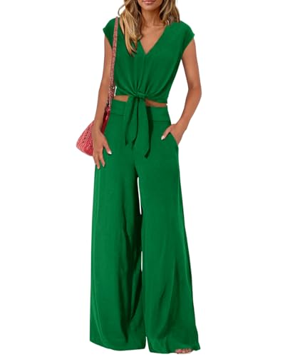 Image of PRETTYGARDEN Women's Summer 2 Piece Outfits 2026 Cap Sleeve V Neck Belted Crop Tops Wide Leg Pant Sets Casual Tracksuit