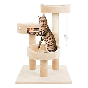 Cat Tree – 3-Tier Tall Cat Tower Condo with 2 Napping Perches, Sisal Rope Scratching Post, Hanging Mouse and Interactive Wheel Toy by PETMAKER (Beige), 27.5″