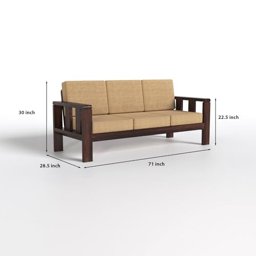 Image of 6 Seater Premium Sheesham Wood Sofa Set | Elegant Durable Walnut Finish | 3+2+1 Configuration | Living Room & Office | Soft Beige Cushions