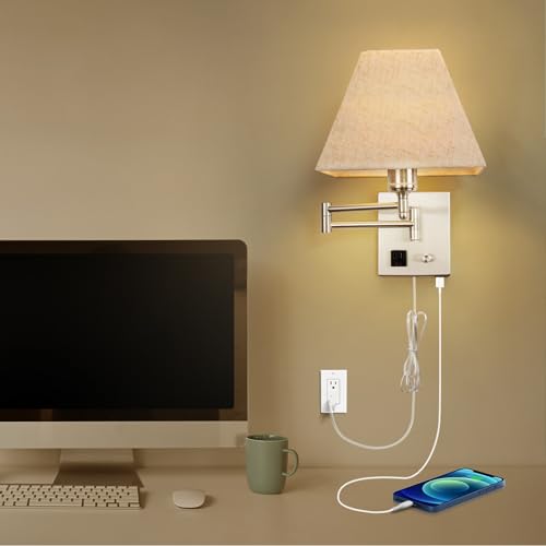 Plug in Wall Light,Swing Arm Wall Sconces, Modern Wall-Mounted Lamp with Dimmable Switch and USB Port for Bedroom, Living Room and Hotel,Satin Nickel Finish - Image 3