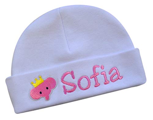 Funny Girl Designs Personalized Embroidered Baby Girls Keepsake Hat with Pink Elephant from (White Hat)