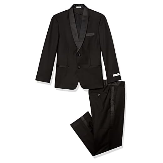 Calvin Klein Boys' Big 2-Piece Formal Tuxedo Suit Set, Includes Jacket & Dress Pants, Satin Trim Detailing & Functional Pockets, Black, 18
