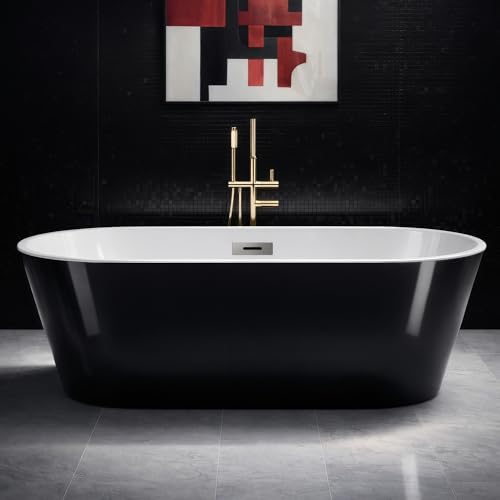 59" Free Standing Tub, Acrylic Soaking Bathtub, Stand Alone Freestanding Tub with Matte Sliver Drain and Overflow, Contemporary Bathtub for Bathroom, Black