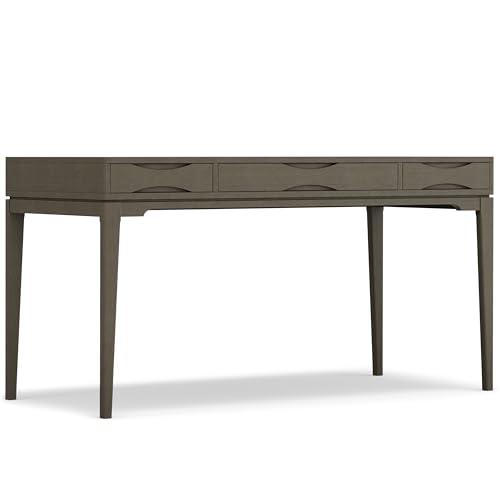 Image of SIMPLIHOME Harper Desk - 60 Inch Wide Solid Wood Writing Desk in Farmhouse Grey, Mid-Century Modern Home Office Computer Table for Workspace or Study with 2 Drawers and Flip-Down Keyboard Tray