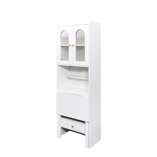 Image of Foldable Office Desk, Fold Out Convertible Hidden Murphy Computer Desk with Storage Shelves, Multi-Function Folding Writing Table for for Small Spaces, Home Office (White.)