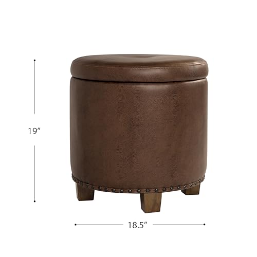 Image of HomePop 18.5 inch Round Storage Ottoman with Nailheads - Brown Faux Leather