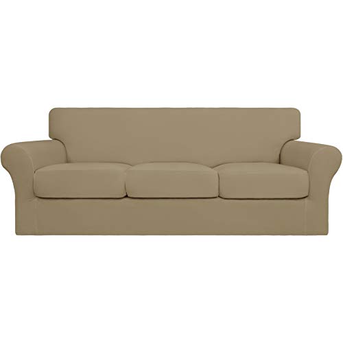 Image of Easy-Going 4 Pieces Stretch Soft Couch Cover for Dogs - Washable Sofa Slipcover for 3 Separate Cushion Couch - Elastic Furniture Protector for Pets, Kids(Sofa, Tan, Large) | Sofa Slipcover for Stretch 3 Separate Sectional Cushion Couch - Furniture Protector for Pets, Kids Tan