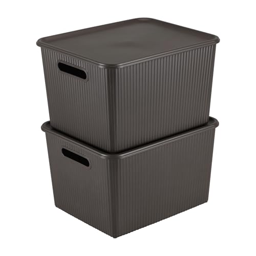 Image of Kolorr Ribbed Baskets Large Pack of 2 With 2 Standard Lid (Non-Airtight Loose-Fit Cover) Multipurpose Plastic Storage Baskets For Cloths Toys Wardrobe Home Kitchen & Livingroom I Dark Brown