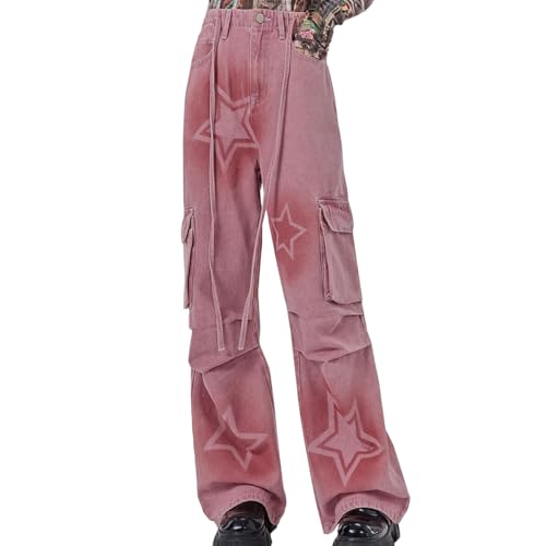 Y2K Fashion Straight High Waisted Wide Leg Jeans Casual Drawstring Gradual Stars Tie-Dye Denim Pants