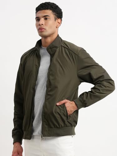 Image of SHOWOFFFF Men Solid Bomber Jacket | Mock Collar Full Sleeves Nylon Jacket for Mens | Slim Fit Regular Length Jacket for Men's