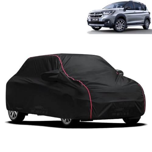 Image of Waterproof Car Cover for Maruti Suzuki XL6 | All-Weather Protection, Dustproof & UV Resistant | Triple Stitched Mirror Pockets, Windproof Buckle Strap with Elastic Hem, Black-Red Piping