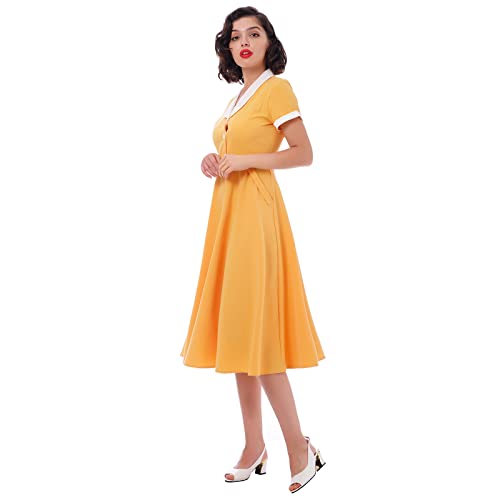 Image of Women 1950s Vintage Short Sleeve Peter Pan Collar Retro Swing A Line Midi Summer Dress Cocktail Party Evening Prom Gown