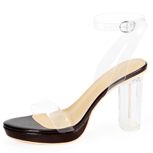 Image of ZriEy 4-Inch Platform Clear High Heels for Women Block Chunky Heeled Sandals Open Toe Ankle Strap Heels Wedding Party Evening Prom Dress Pump Sandal Shoes