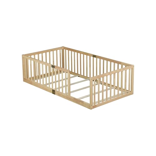 Image of Bellemave Twin Size Kids Montessori Floor Bed Frame with Slats,Solid Wood Floor Bed Frame with High Fence for Kids,Girls,Boys,Natural