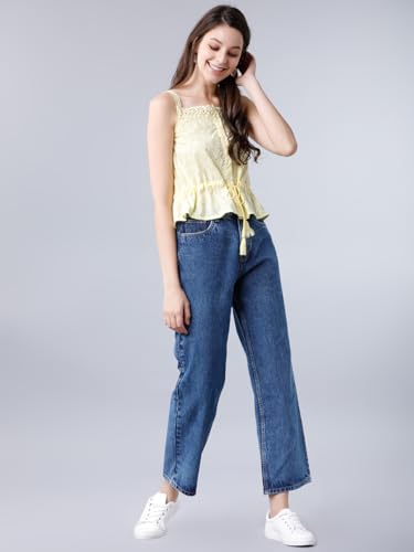 Image of Tokyo Talkies Women's Sleeveless Shoulder Strap Embroidered Tops| Stylish Casual wear