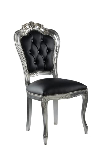 Silla Barroco estilo Luigi XVI° tapizada en madera de haya (plata ecopiel, piel negra)