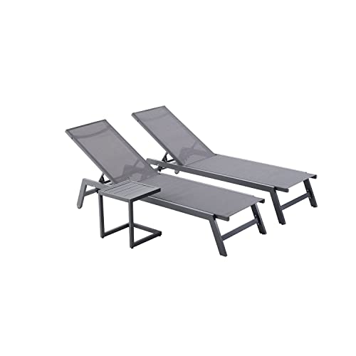 CONCEPT USINE | Lot De 2 Transats Inclinables + Table d'Appoint | Bain De Soleil d'Extérieur | Prato Gris & Noir | 2 roulettes | Aluminium Textilène Dossier...