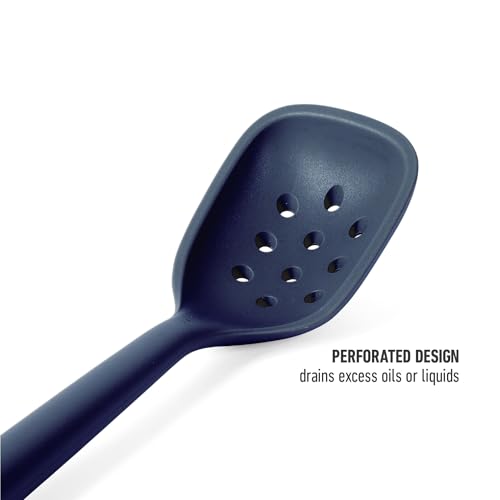 Image of Calphalon Edge Silicone Slotted Spoon /Skimmer, Flexible Heat-Resistant Kitchen Strainer Spoon for Cooking, Frying, Skimming & Serving, Nonstick Safe, Navy Blue