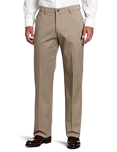 Lee Men's Comfort Waist Custom Relaxed Fit Flat Front Pant, Mid-Khaki, 34W x 32L